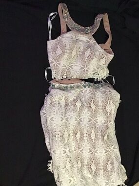 Sherri Hill White Lace Two-Piece Dress with Nude Lining and Embellished Neck